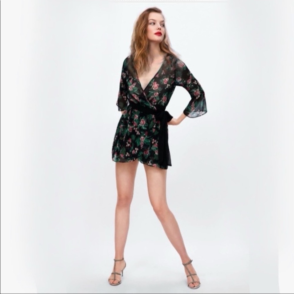 Zara Basic Womens Floral Jumper Deep V Neck Plunge Size XS Sheer Multicolor Tie